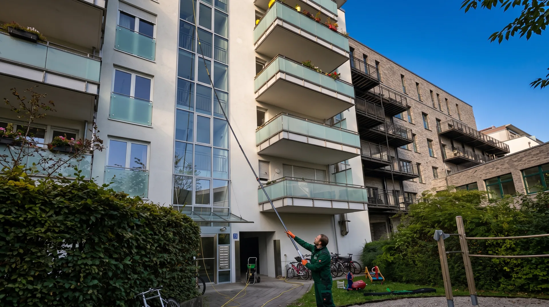 Fensterreinigung mit Teleskop-System an einer Wohnanlage in München
